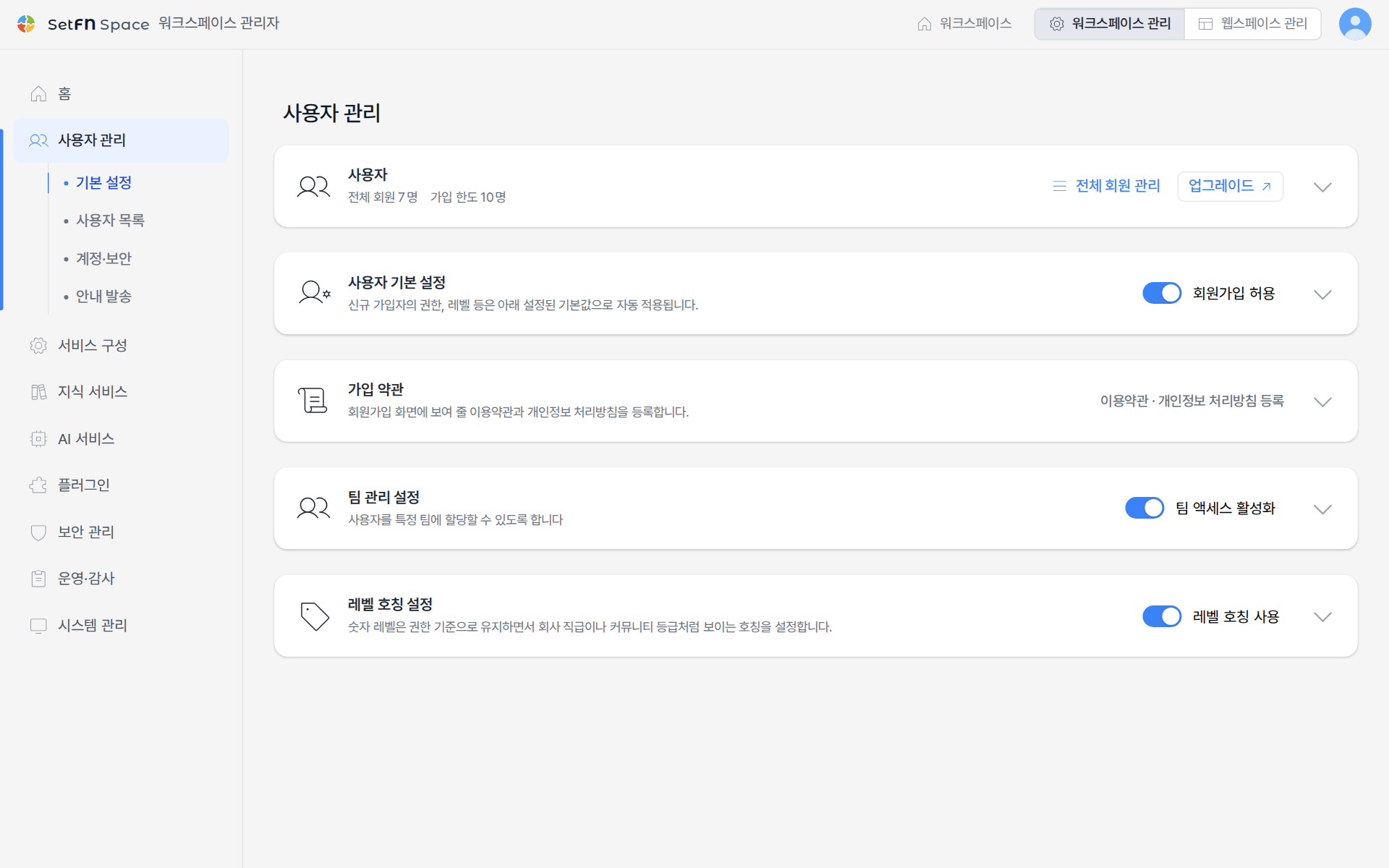 メンバー登録の許可、登録時の利用規約、チーム管理、レベルの呼称を設定するユーザー管理画面