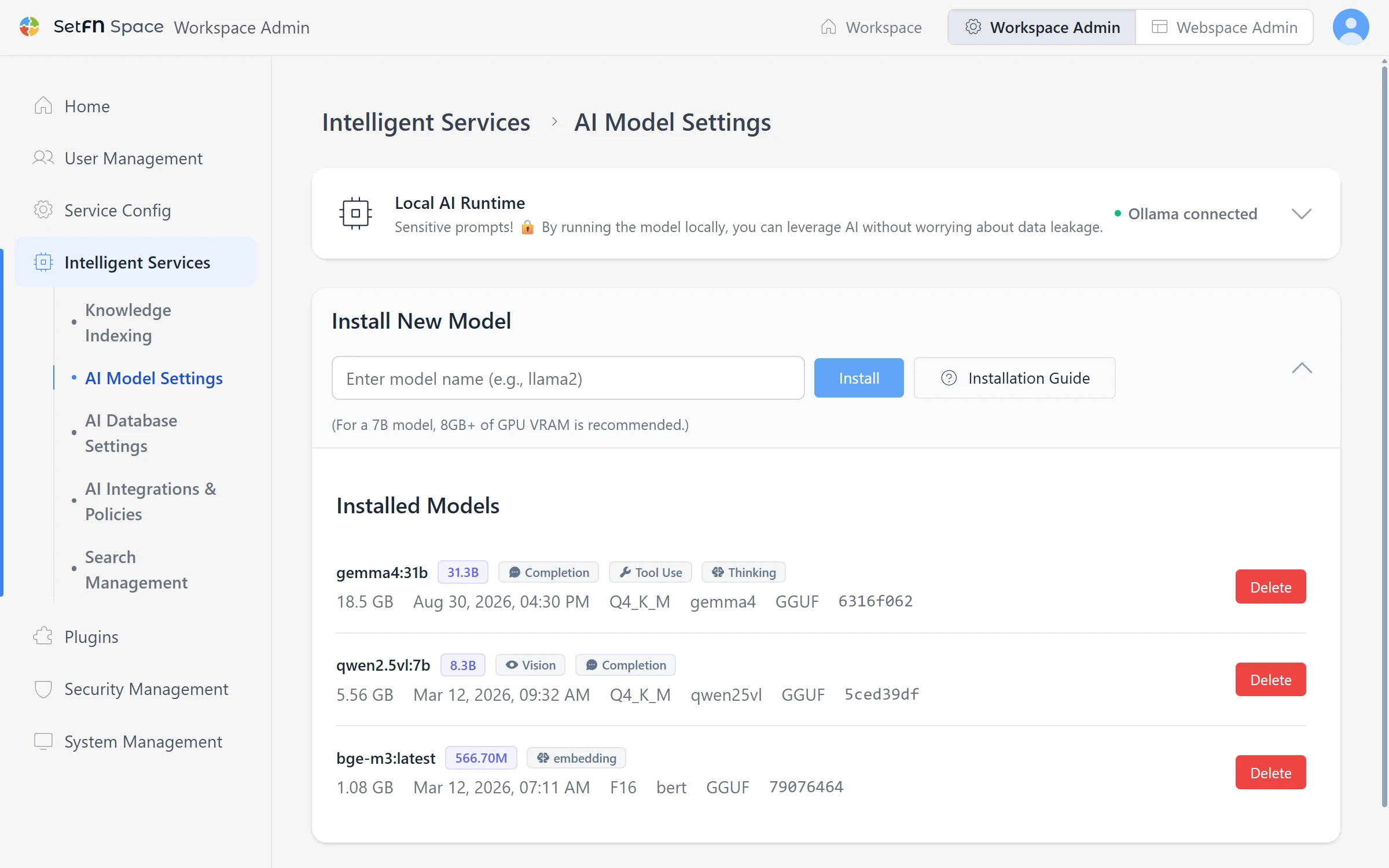 Admin settings for installed AI models and their priority