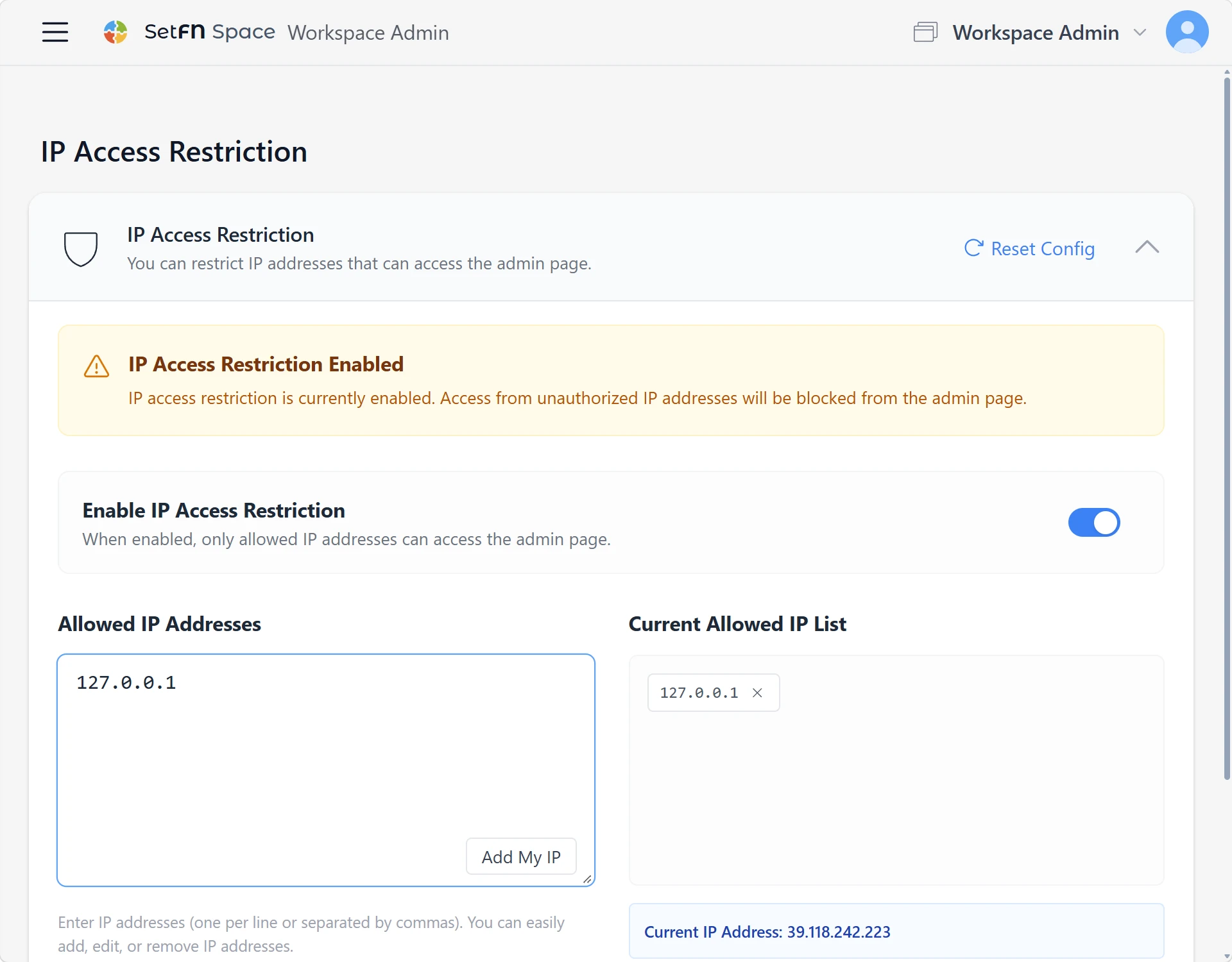 Restrict admin access by IP in SetFN Workspace