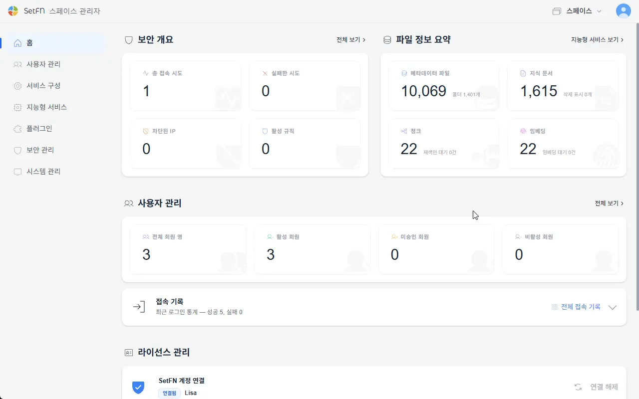 SetFN 관리자 홈 실제 화면