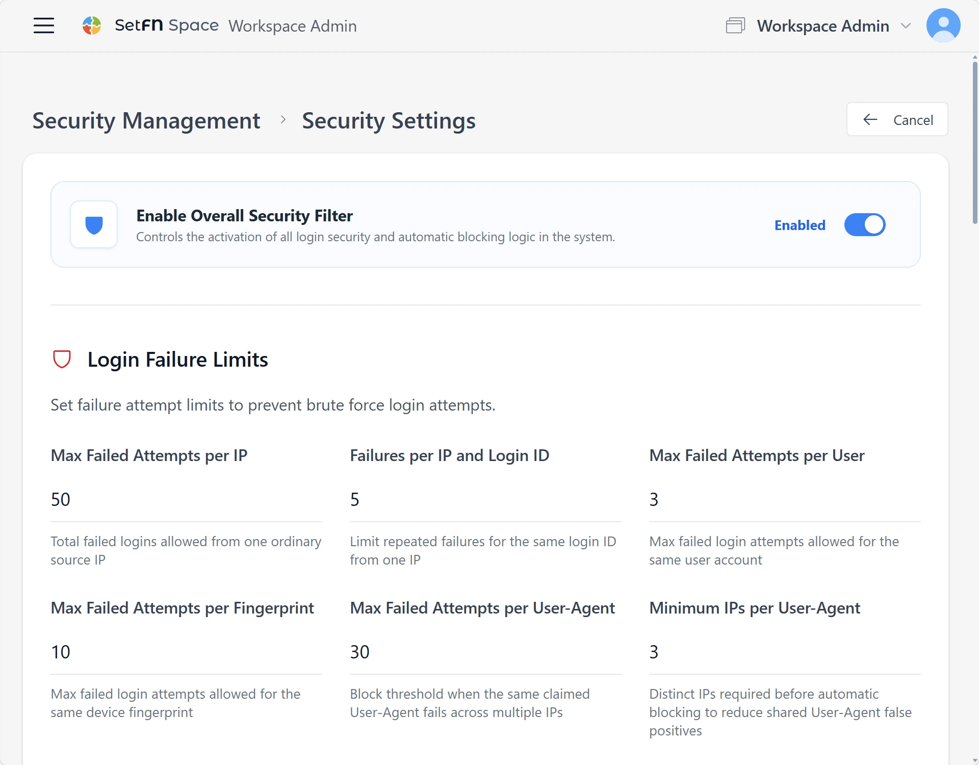 Automatic security controls in SetFN Workspace