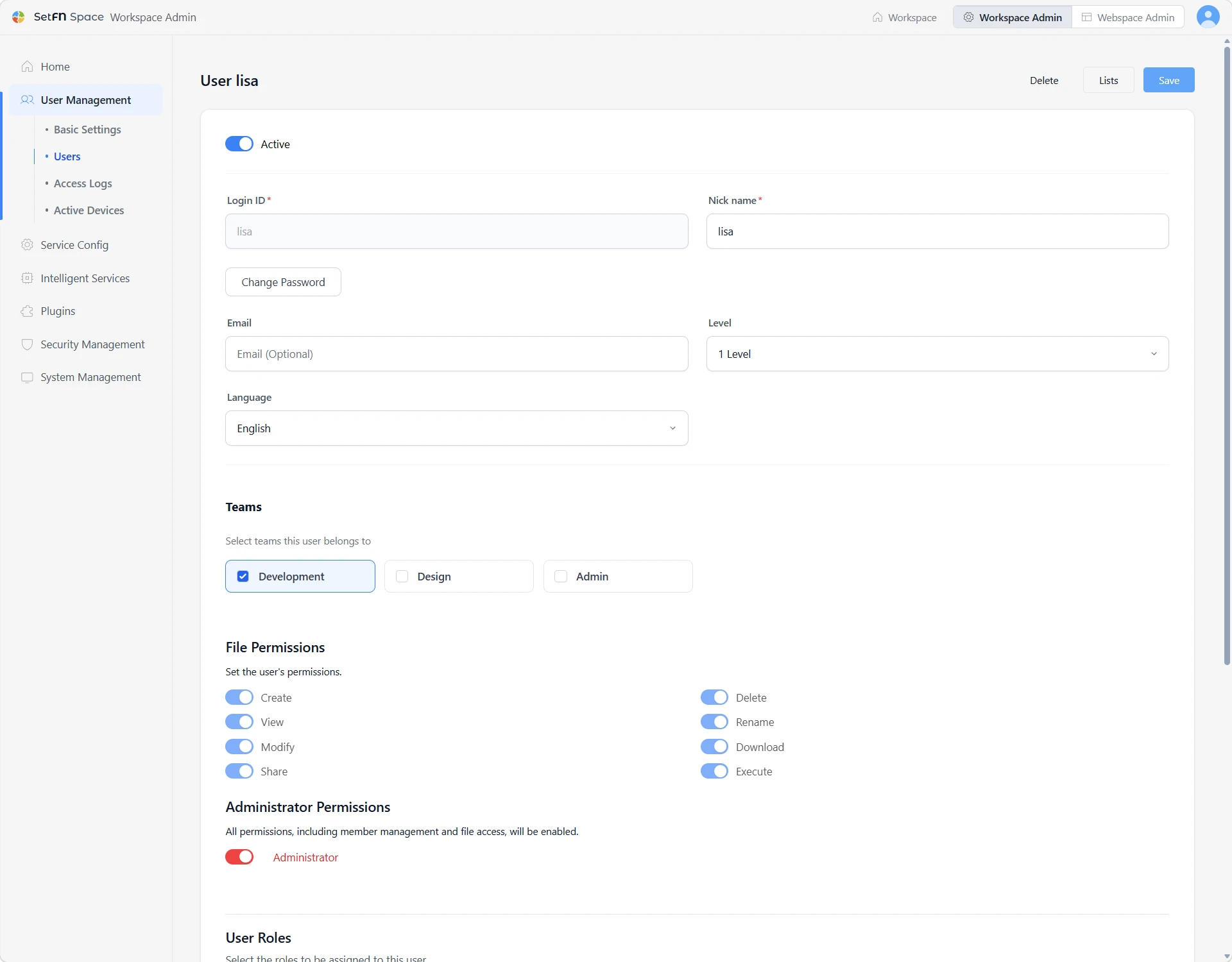 Fine-grained permissions in SetFN Workspace