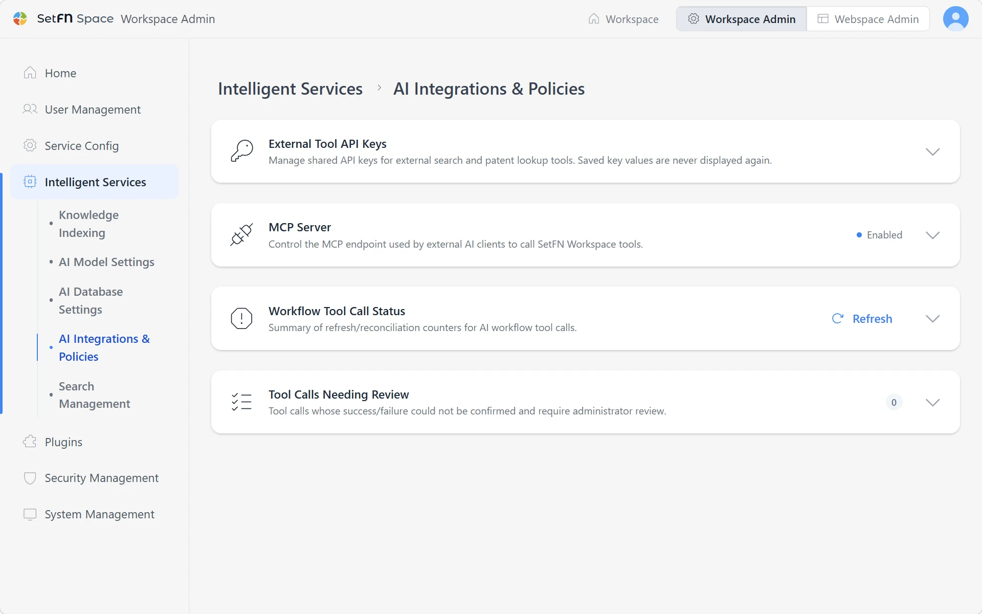 Admin settings for editor AI, AI services and tool permissions