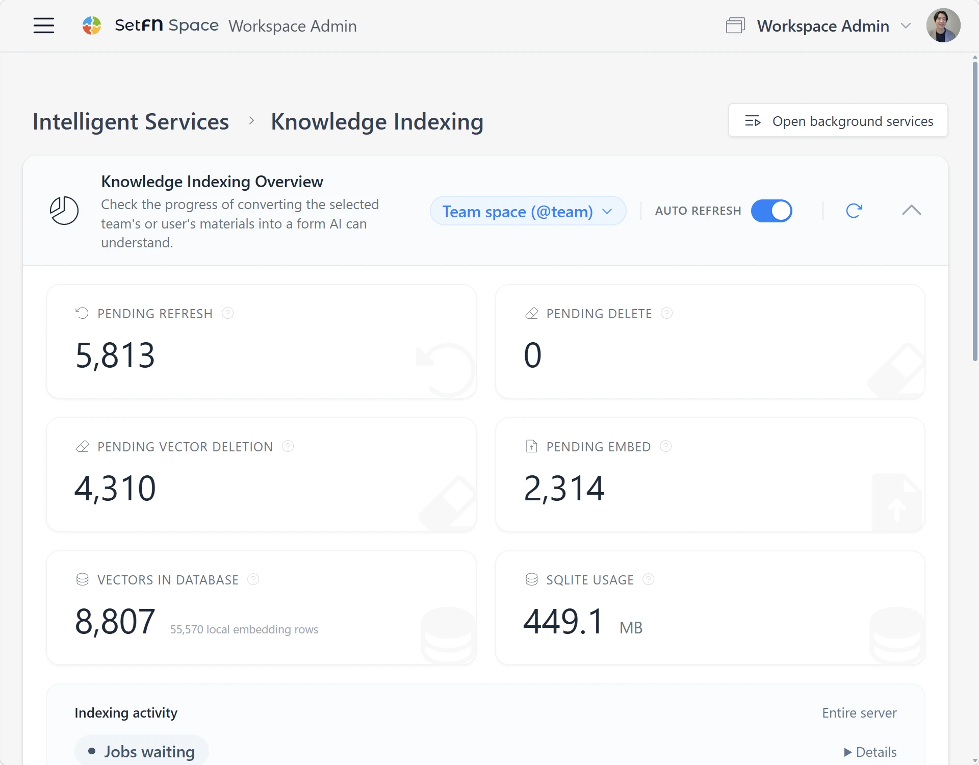 Knowledge indexing in SetFN Workspace