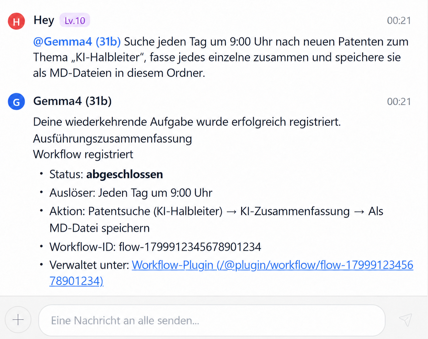 Hey bittet AI, jeden Tag um 9 Uhr KI-Halbleiterpatente zu finden und zusammenzufassen, sie als Markdown zu speichern und den Workflow-Management-Link bereitzustellen