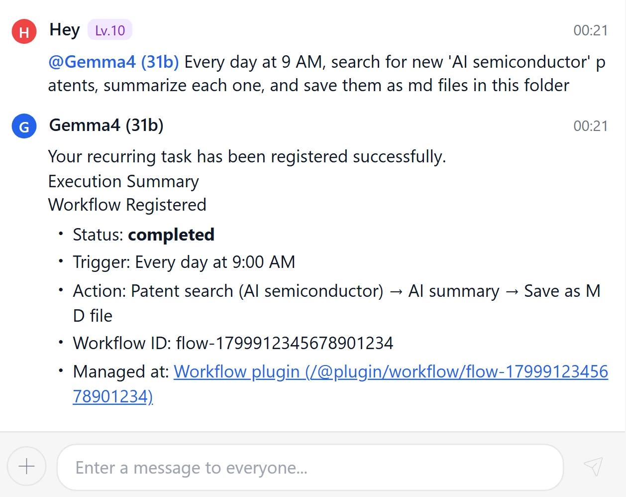 Hey asks AI to find and summarize AI semiconductor patents every day at 9 a.m., save them as Markdown and provide the workflow management link