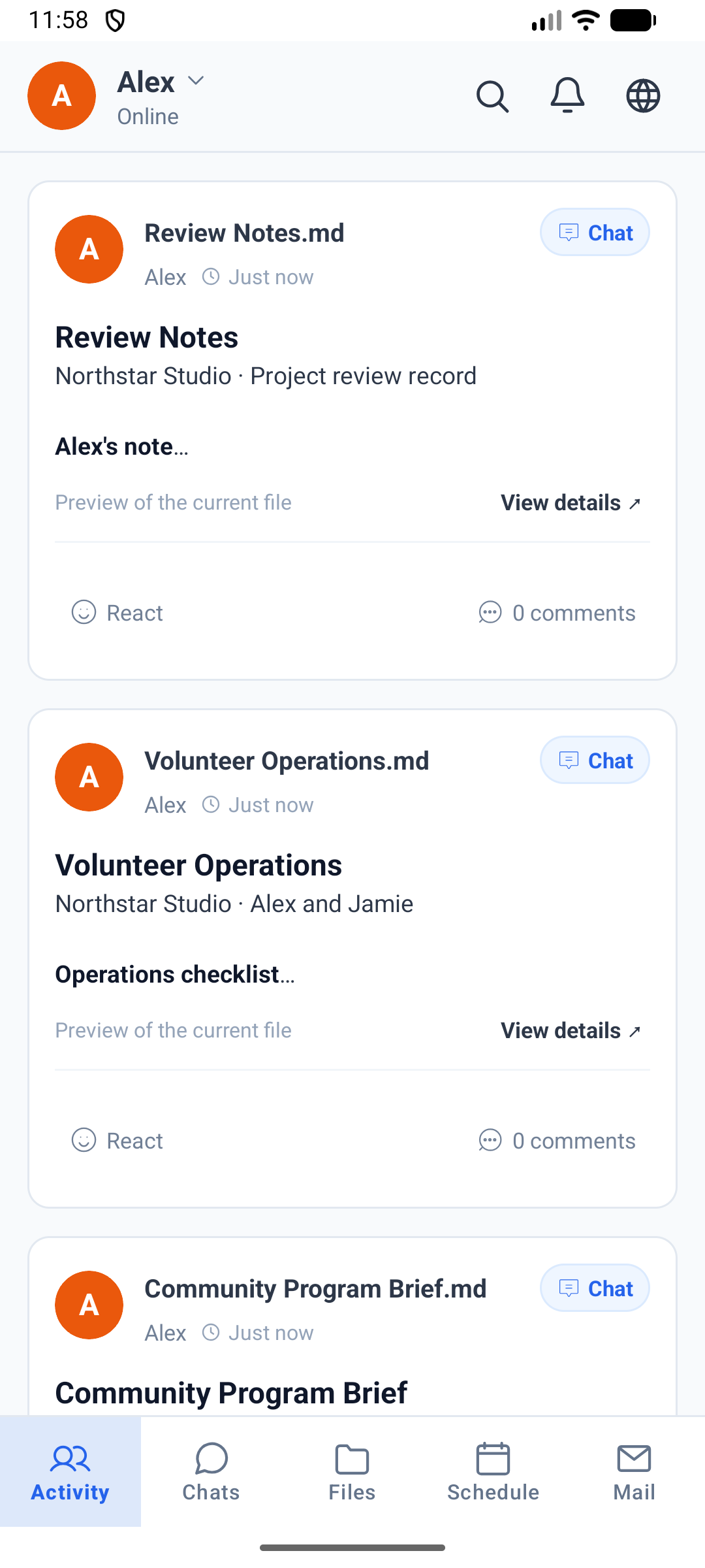 SetFN Space for Android showing Northstar Studio members and shared materials in the Activity tab
