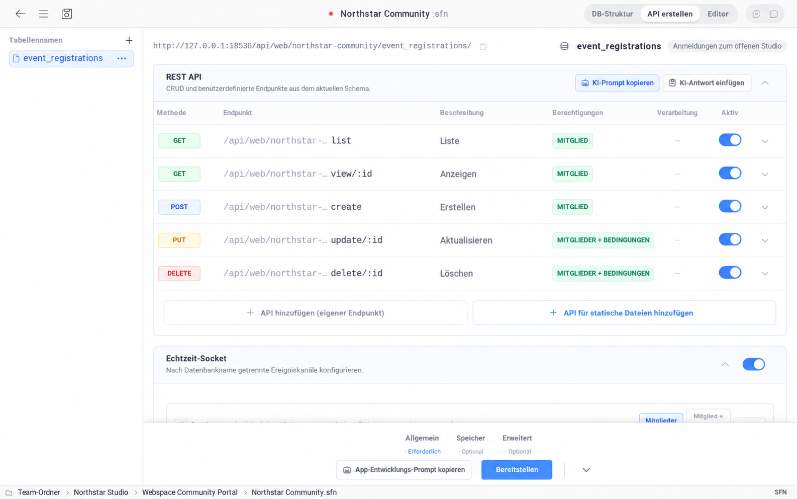 REST-API und Echtzeit-Socket-Einstellungen für Event-Registrierungen in der Northstar Community SFN-Datei