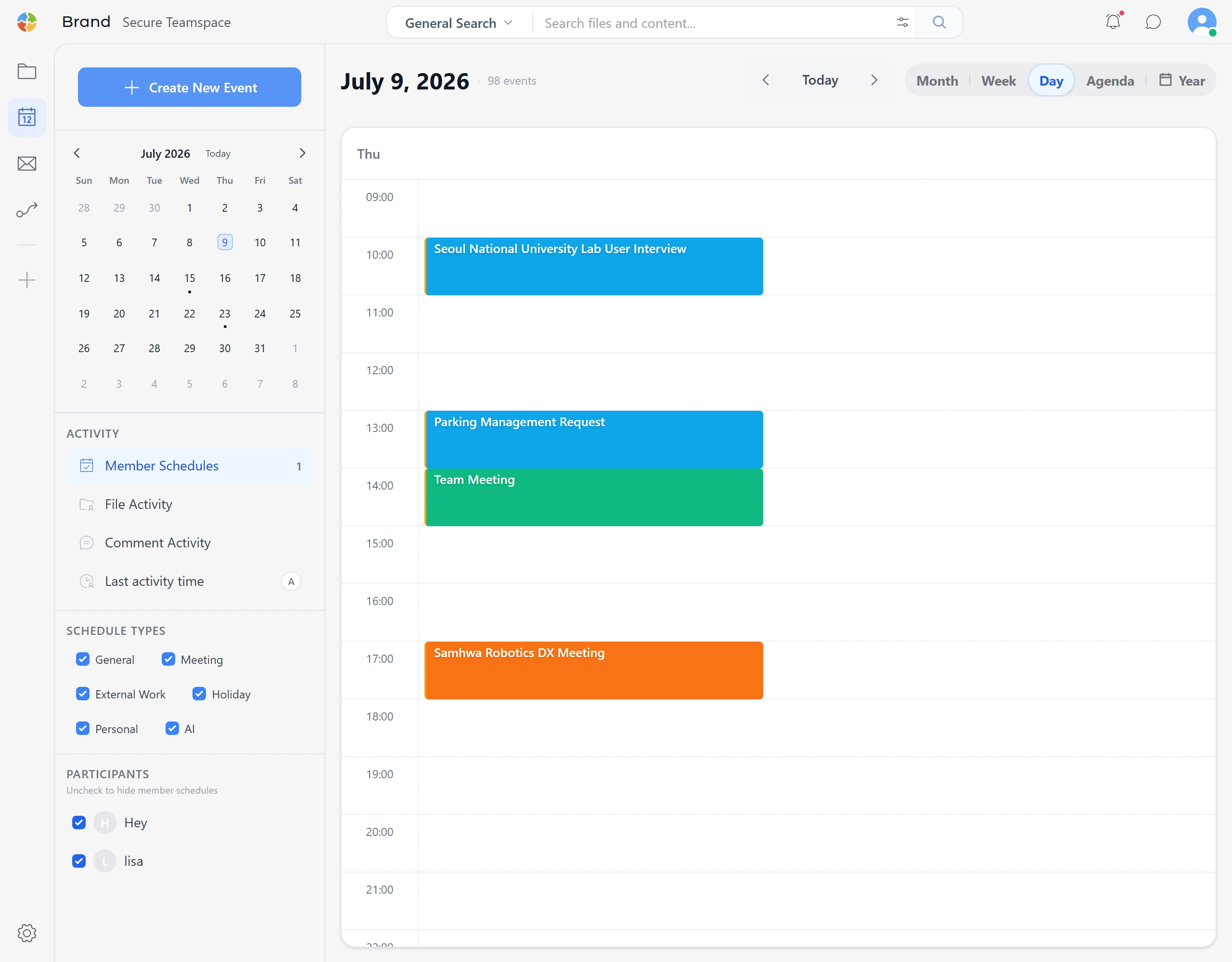 Calendar showing events, file activity and comments