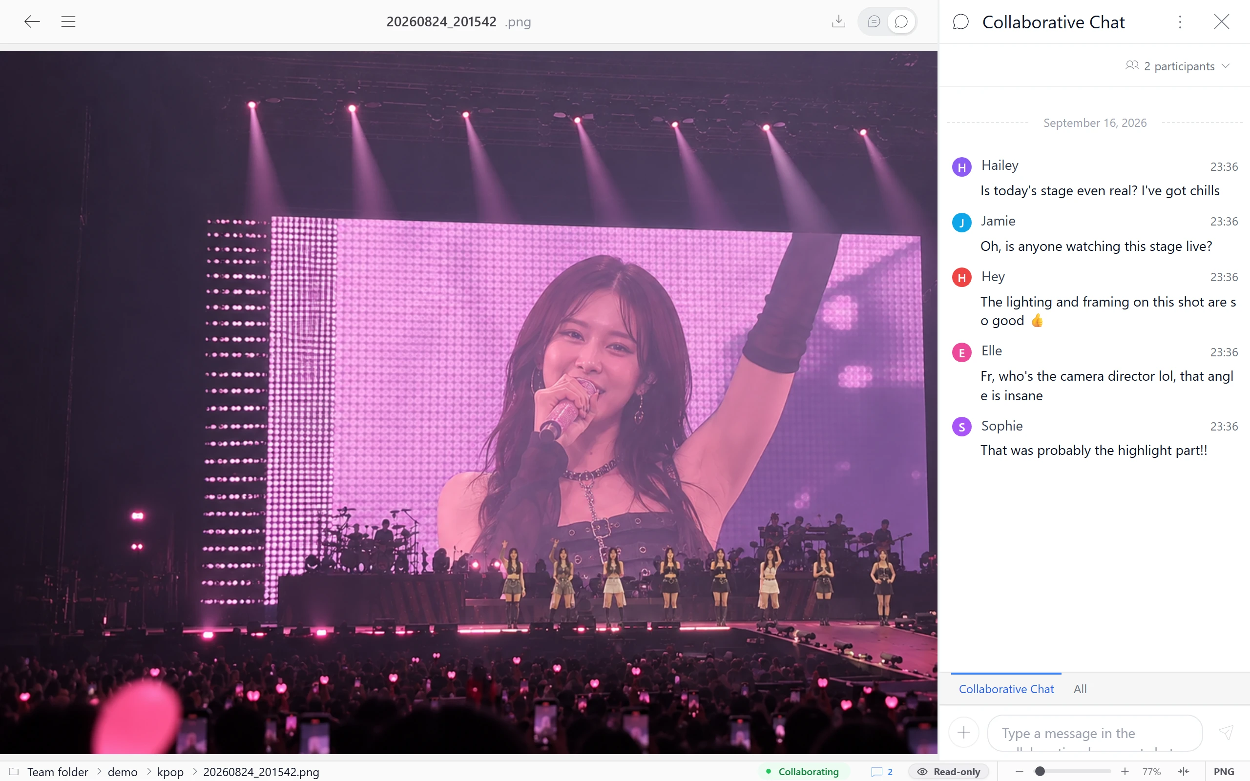 Members viewing travel photos together and discussing the location in live chat
