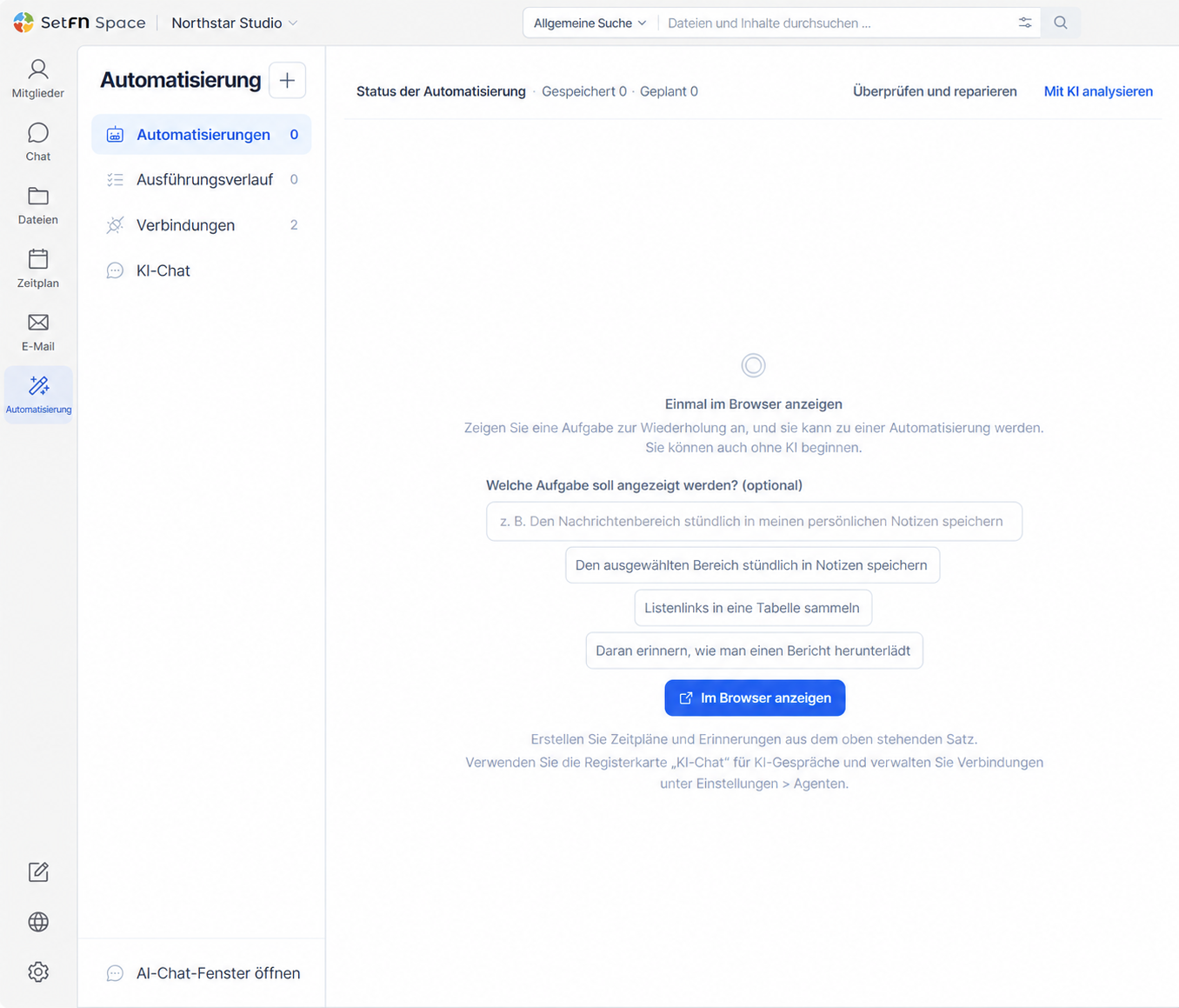 SetFN Space Windows-App mit Automatisierungen, Ausführungsverlauf, Verbindungen und KI-Chat, die zeigt, wie man eine Automatisierung im Browser erstellt