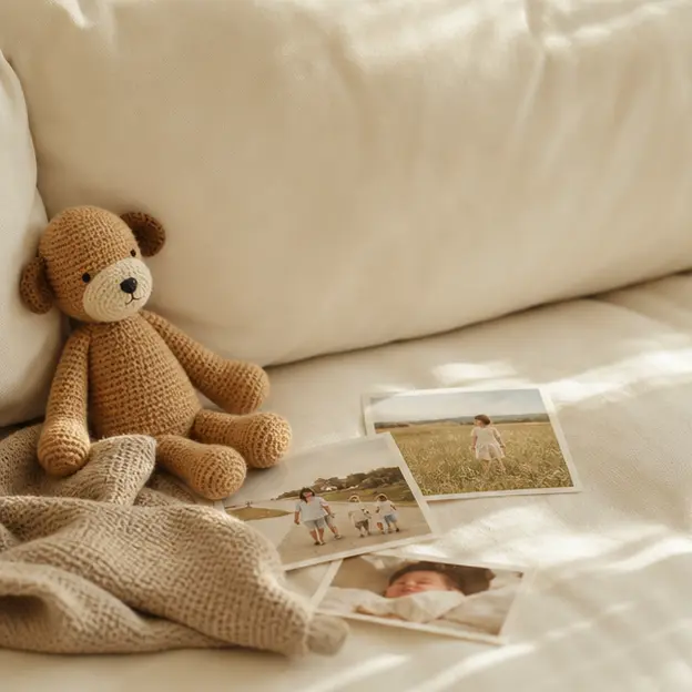 幼い頃の写真は、テディベアの横にレイアウト