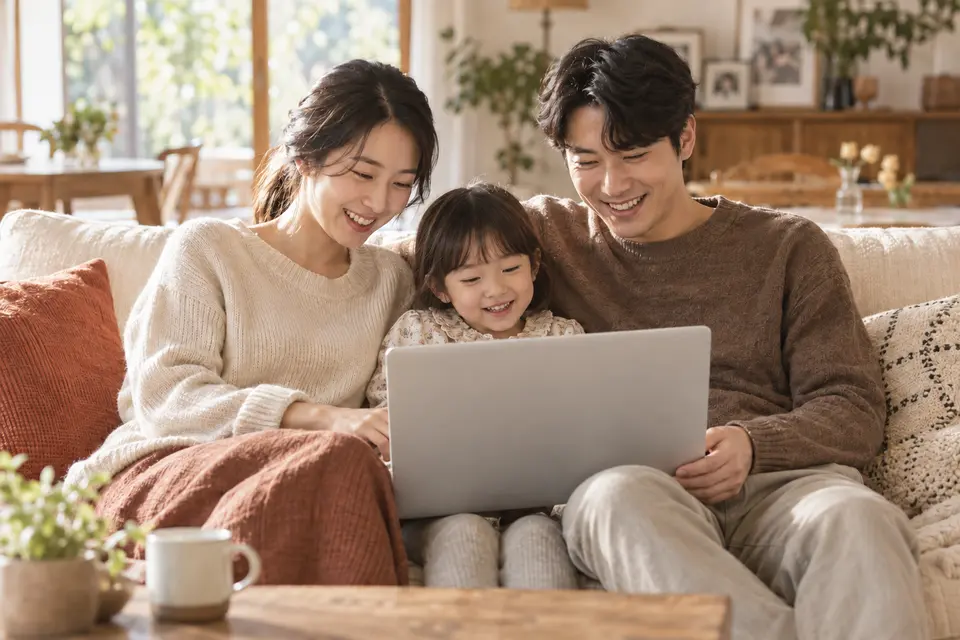 親子がソファに座り、ノート PC で家族のアルバムを一緒に見る様子