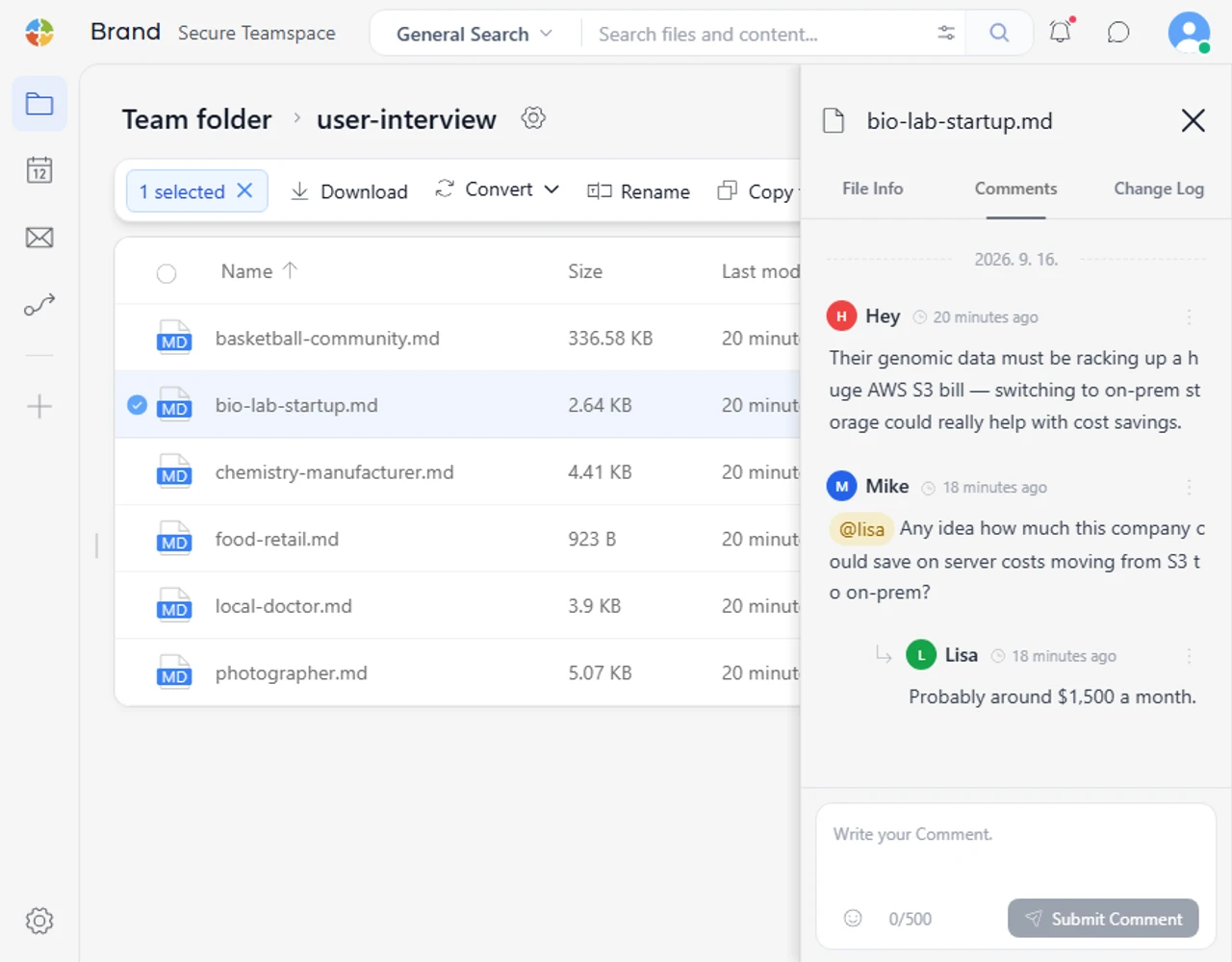 Comments on files and folders in SetFN Workspace