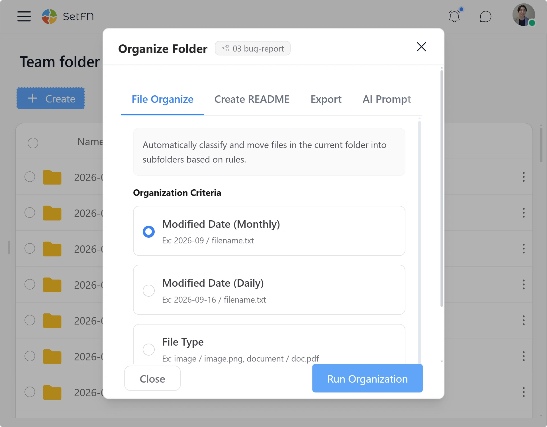 Put folders in order in SetFN Workspace