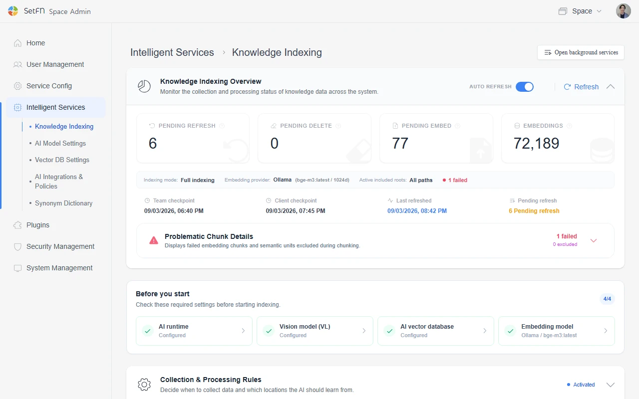 Admin settings for knowledge indexing