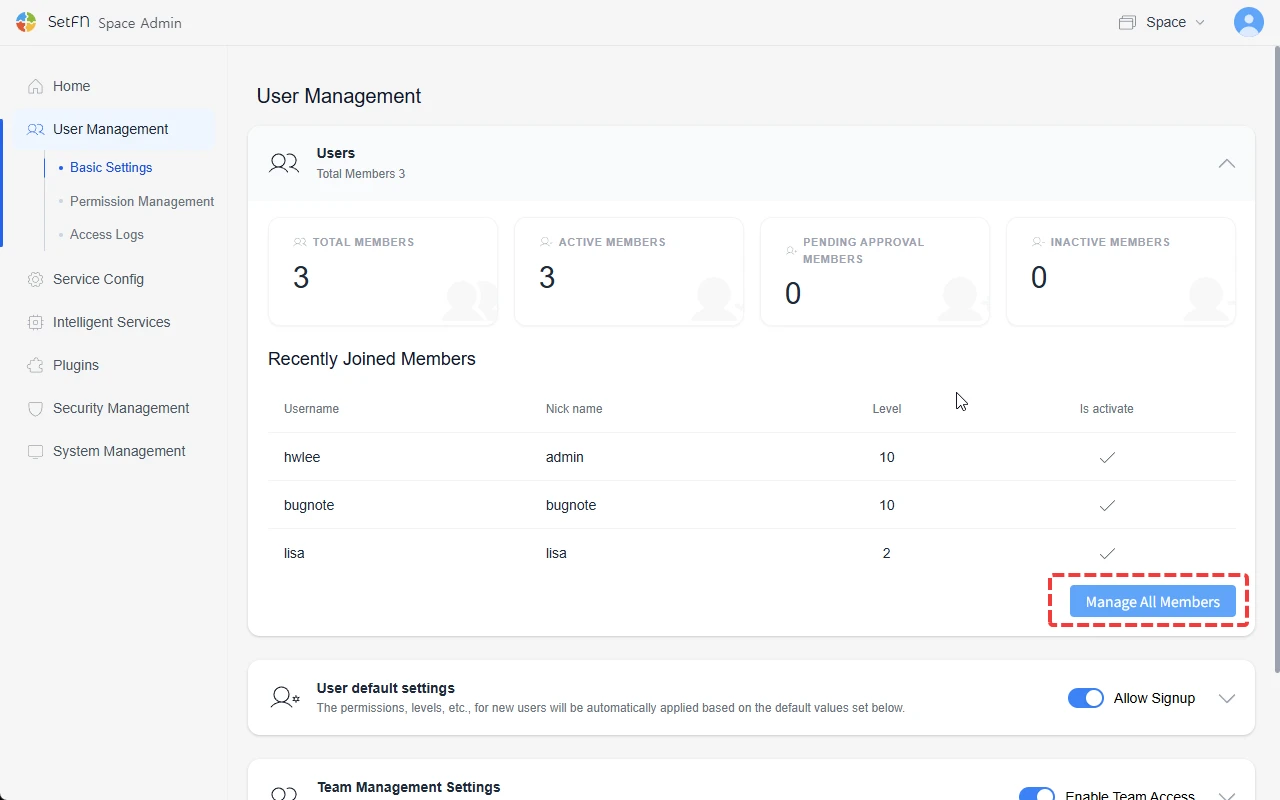 SetFN member administration interface