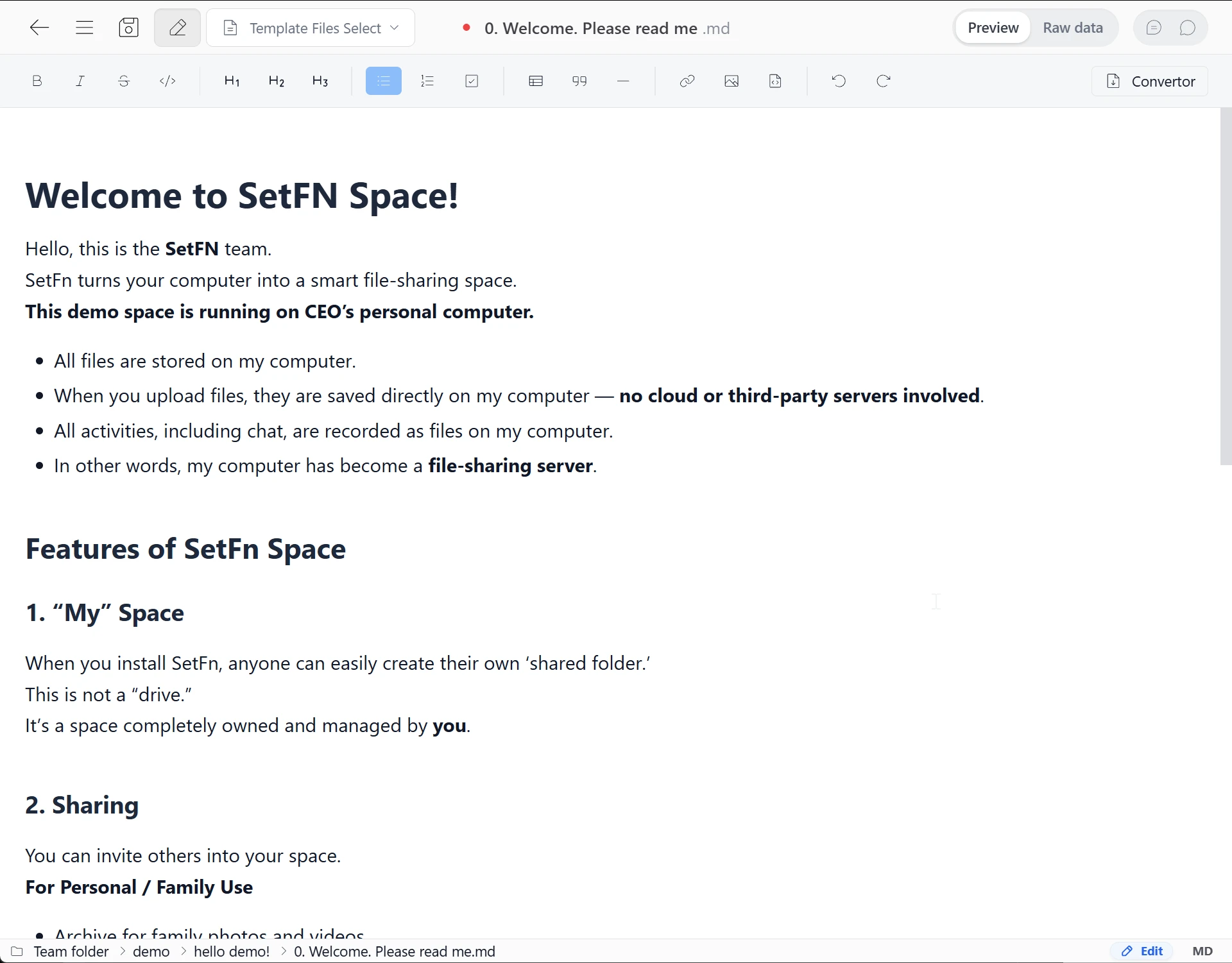 Markdown, HTML and text editors in SetFN Workspace