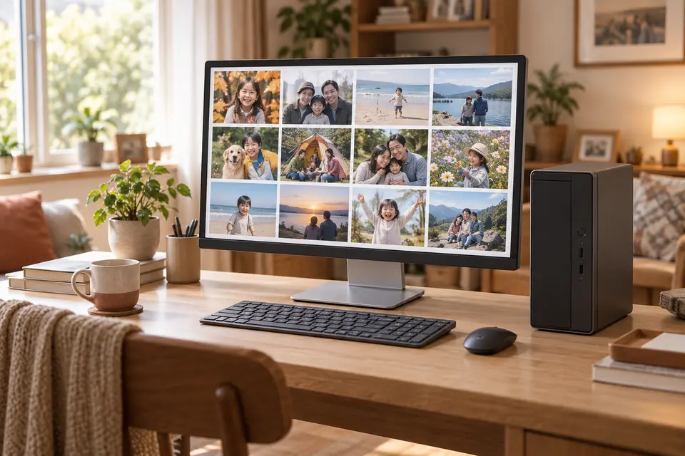 自宅のデスクトップ PC で家族の写真をまとめて見る様子
