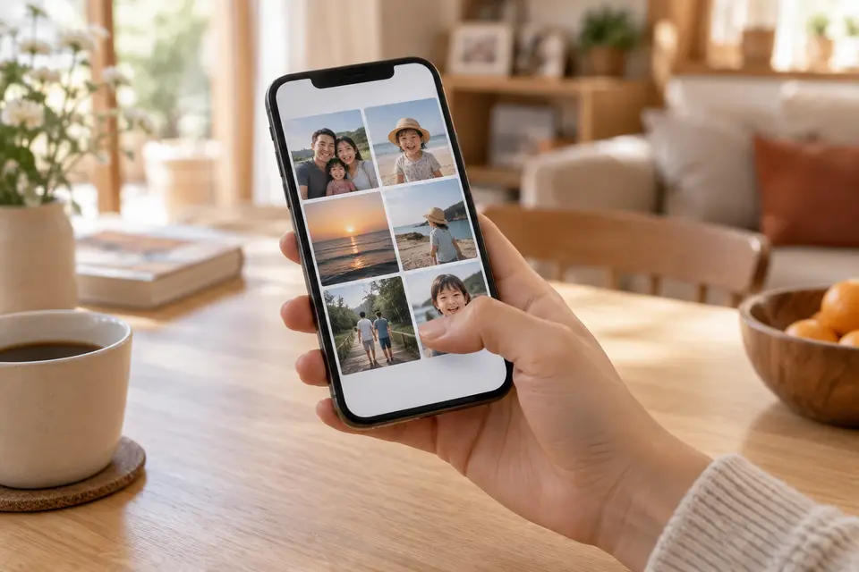 スマートフォンで家族の写真アルバムを開いている様子