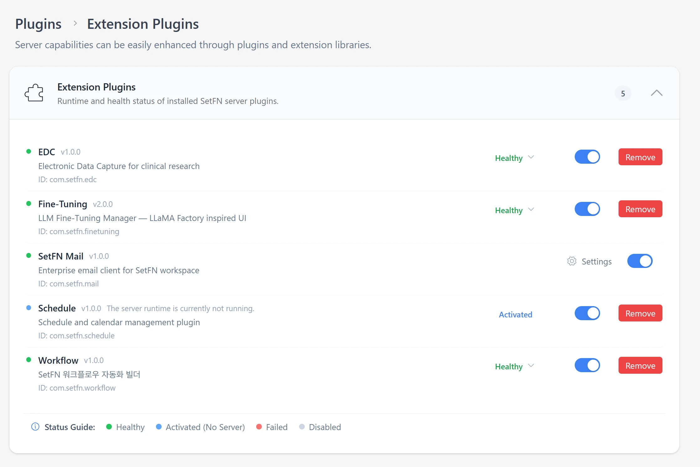 SetFN plugin manager showing installed plugins, their status and versions
