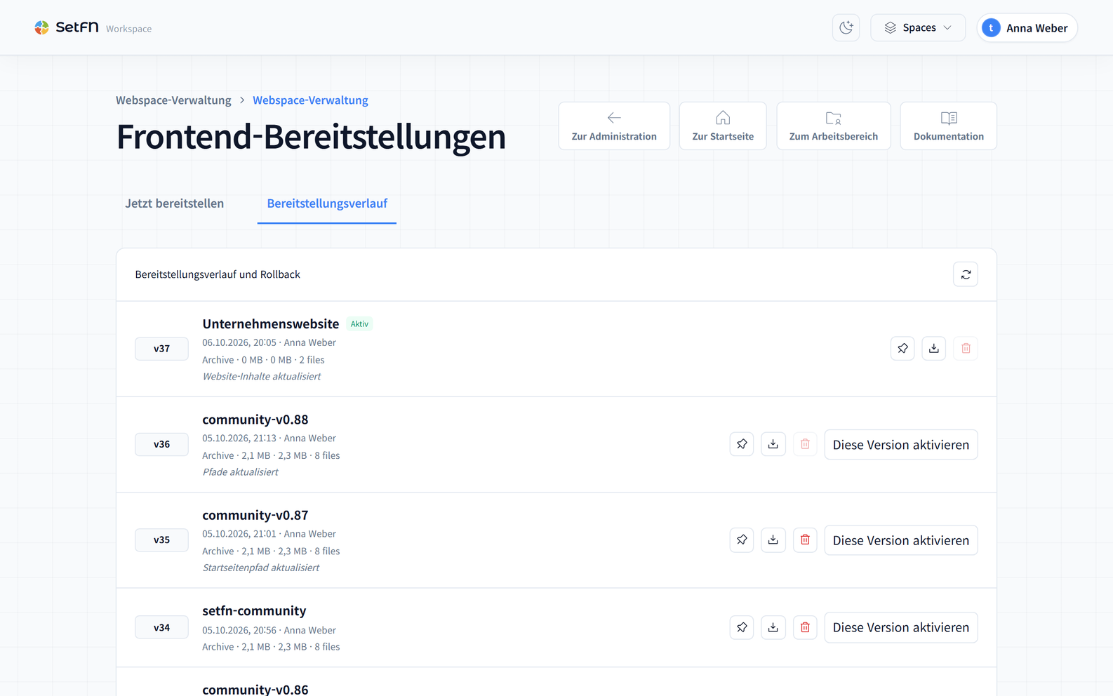 SpaceBuilder Webspace-Versionsverwaltungsschnittstelle für Release und Bereitstellung