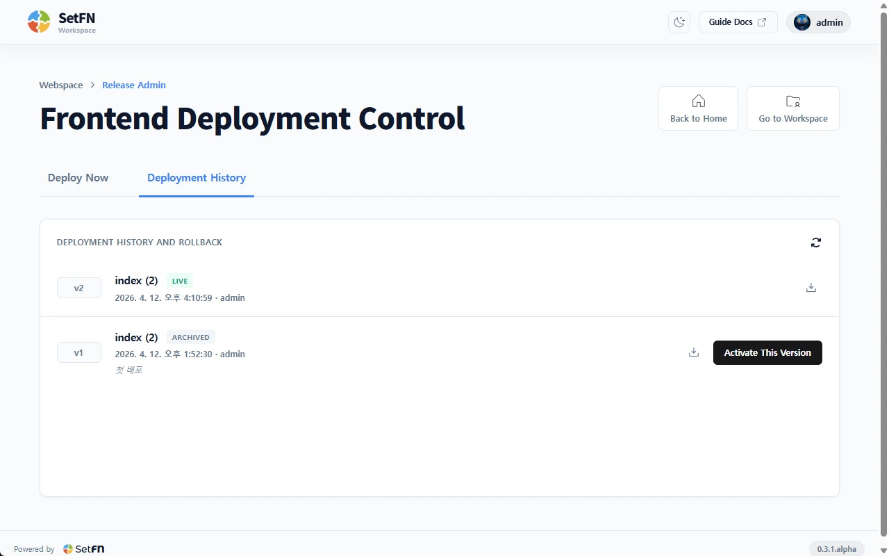 SetFN Webspace deployment history