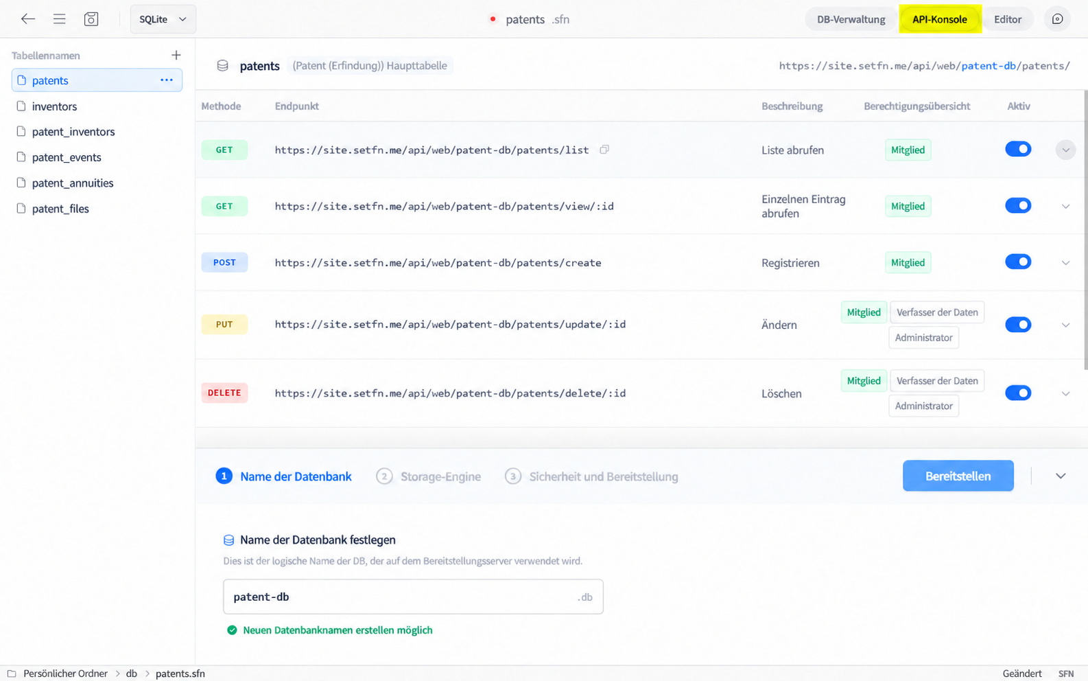SpaceBuilder-Schemabasierte Daten- und API-Verwaltungsschnittstelle