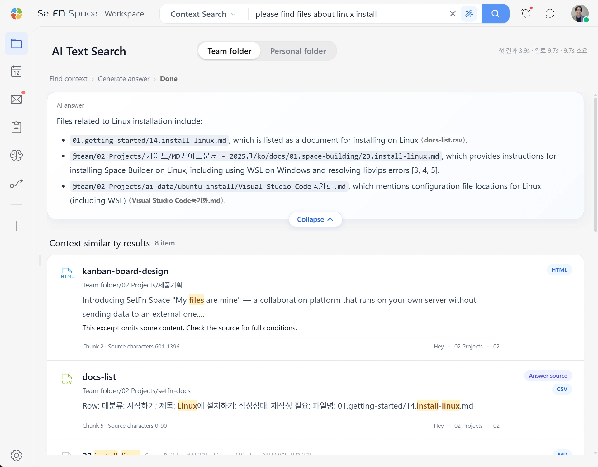 Search your company knowledge in SetFN Workspace