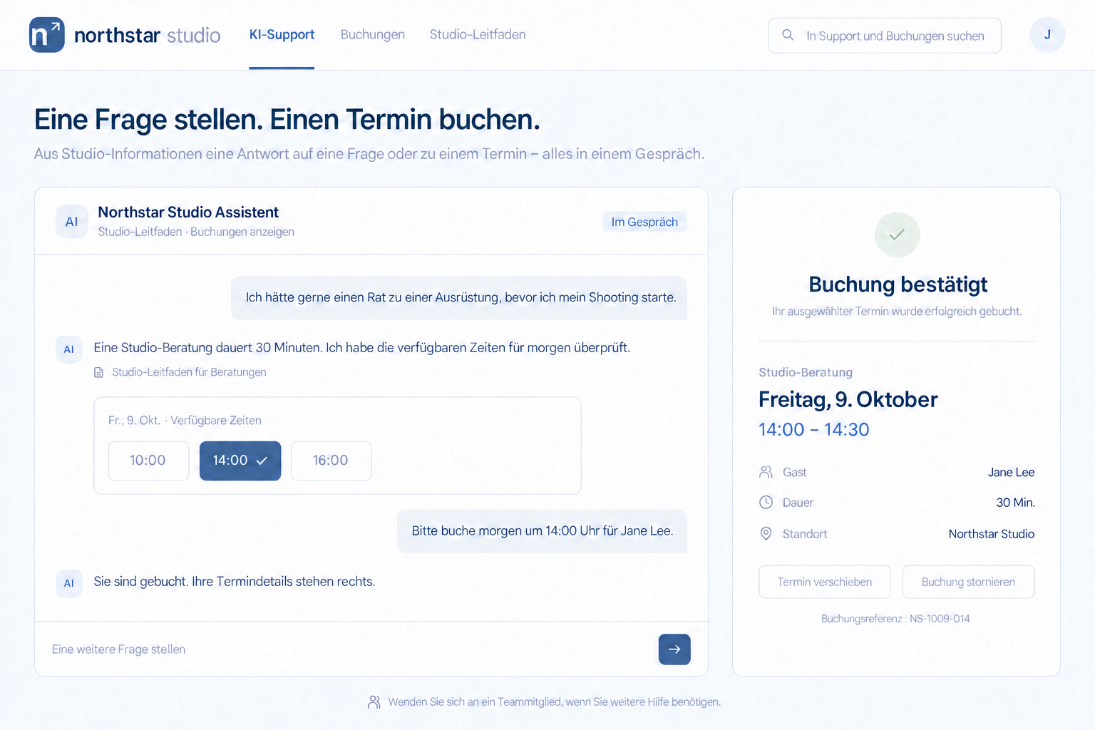 Beispiel für ein Servicedesign für die Auswahl einer verfügbaren Zeit und die Anzeige eines Buchungsergebnisses innerhalb der KI-Unterstützung