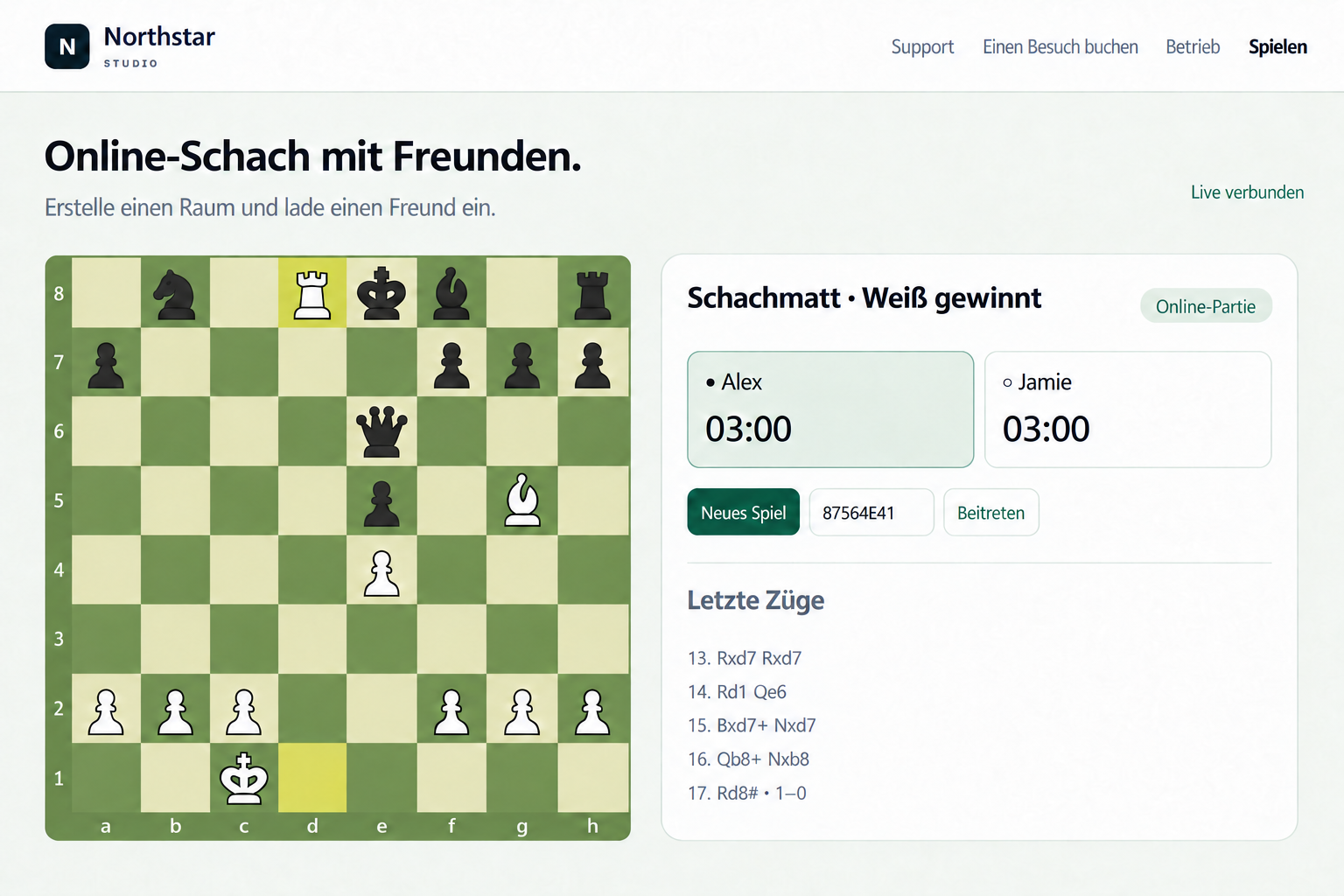 Ein Northstar-Online-Schachspiel zwischen Alex und Jamie mit Spielern, Uhren, letzten Zügen und dem hervorgehobenen letzten Zug