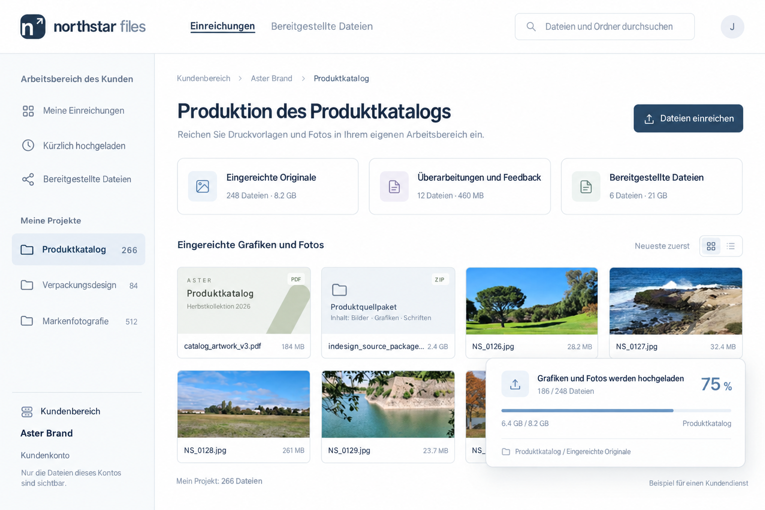 Ein Beispiel für ein Kundenportal-Design, das die Übermittlung von Kataloggrafiken, einem InDesign-Quellpaket und Stapeln von Fotos im eigenen Kundenbereich des Kunden zeigt