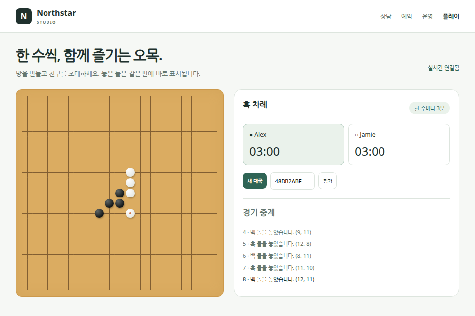 Alex と Jamie が実際の WebSocket 接続で 8 手を交わした Northstar の五目並べページ
