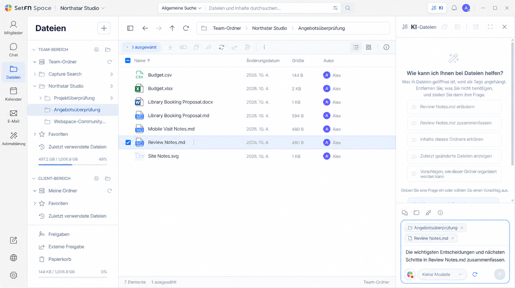 Dateien und das KI-Panel in SetFN Space für Windows