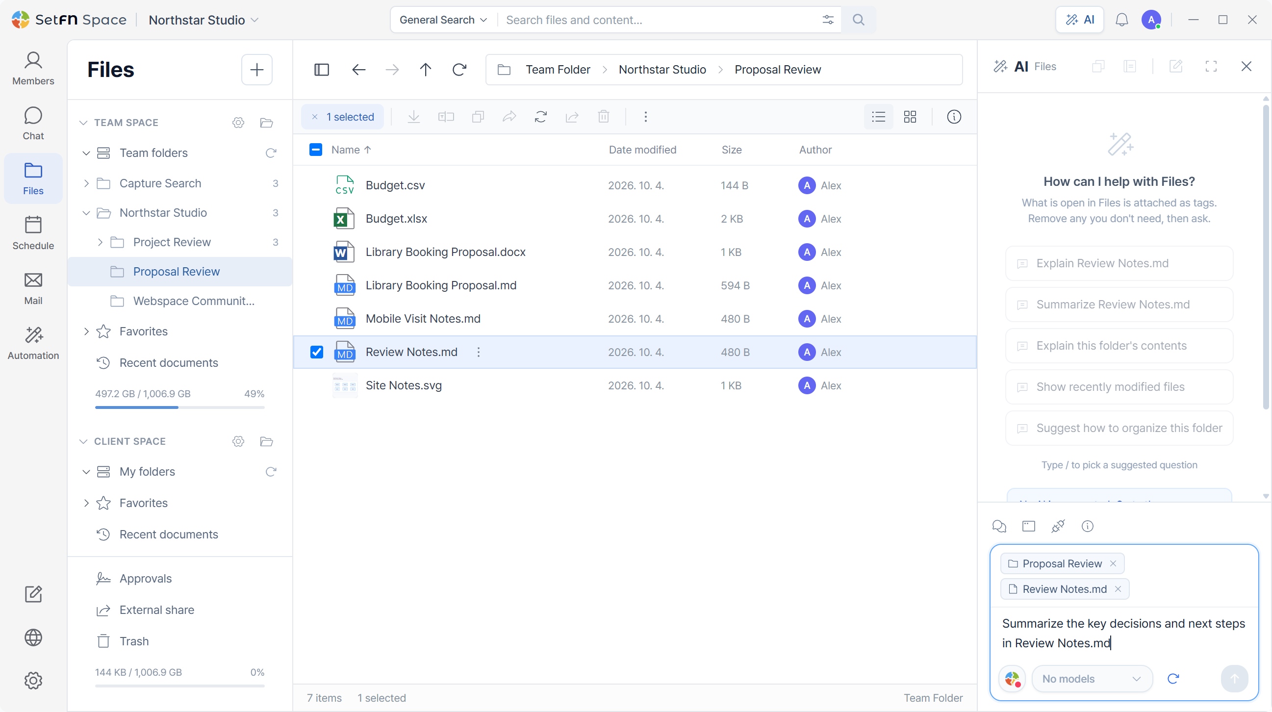 SetFN Space for Windows with the Files tab, right-side AI panel and Automation menu