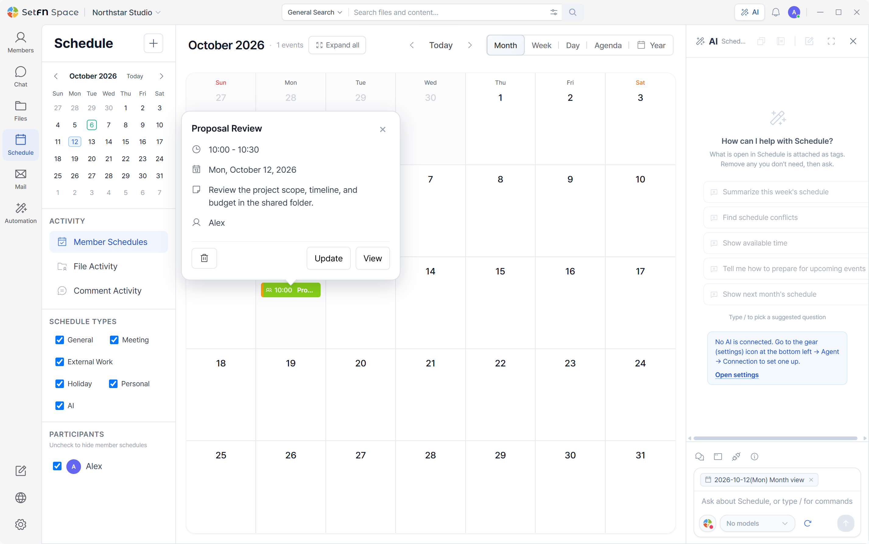 Files, conversations, and schedules.