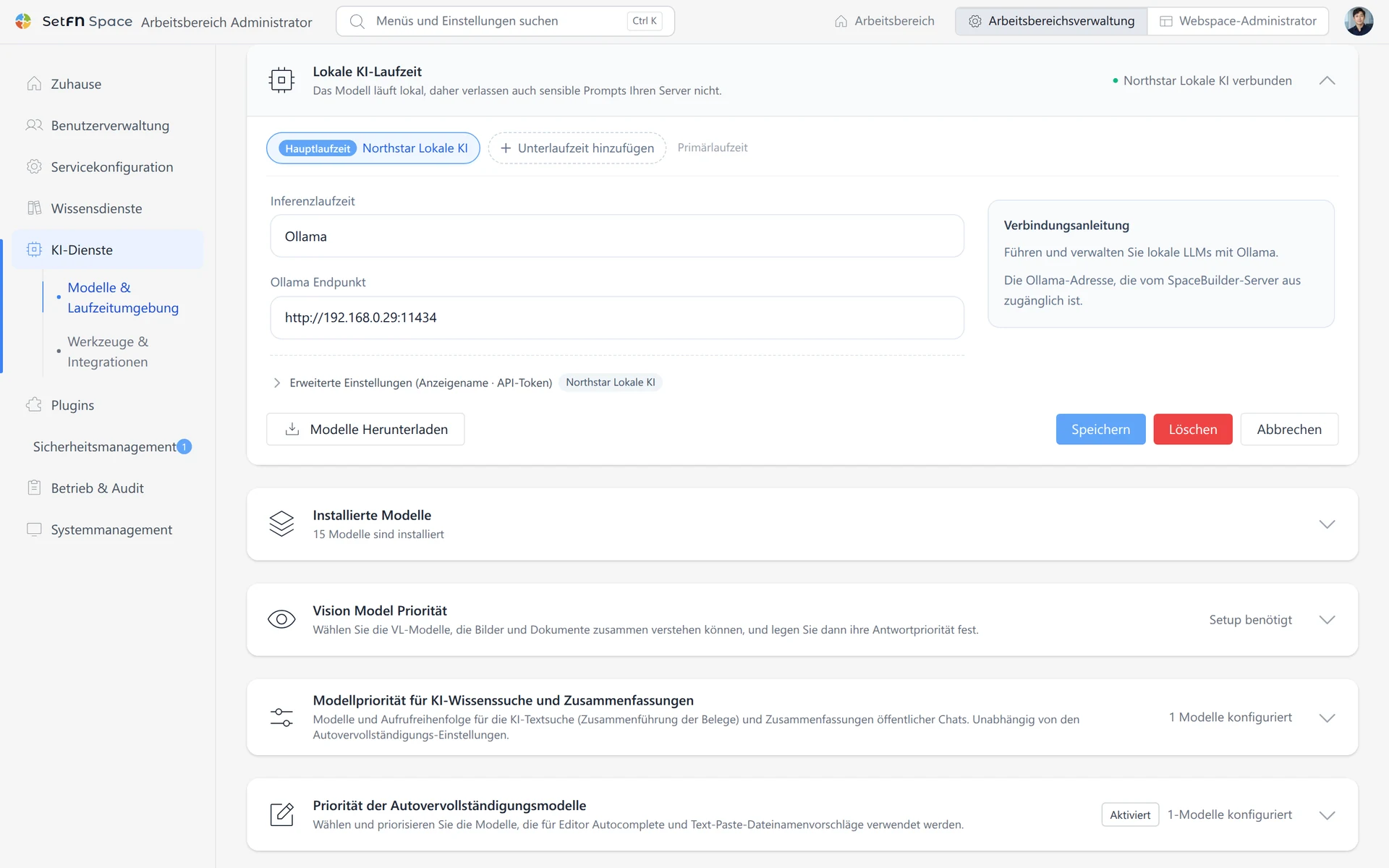 Admin-Einstellungen für installierte KI-Modelle und deren Priorität