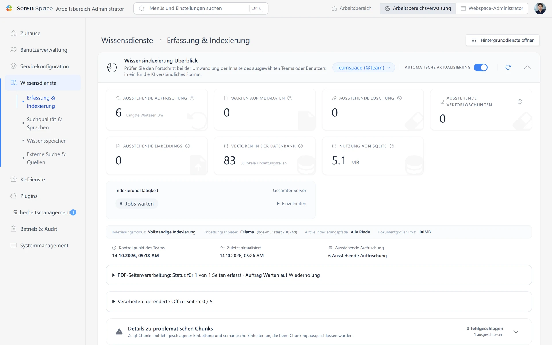 Erforderliche Setup-Prüfungen vor der Indizierung, mit Einstellungen für Indizierungsmodus, Einbettungsmodell und Dokumentgrößenbeschränkung
