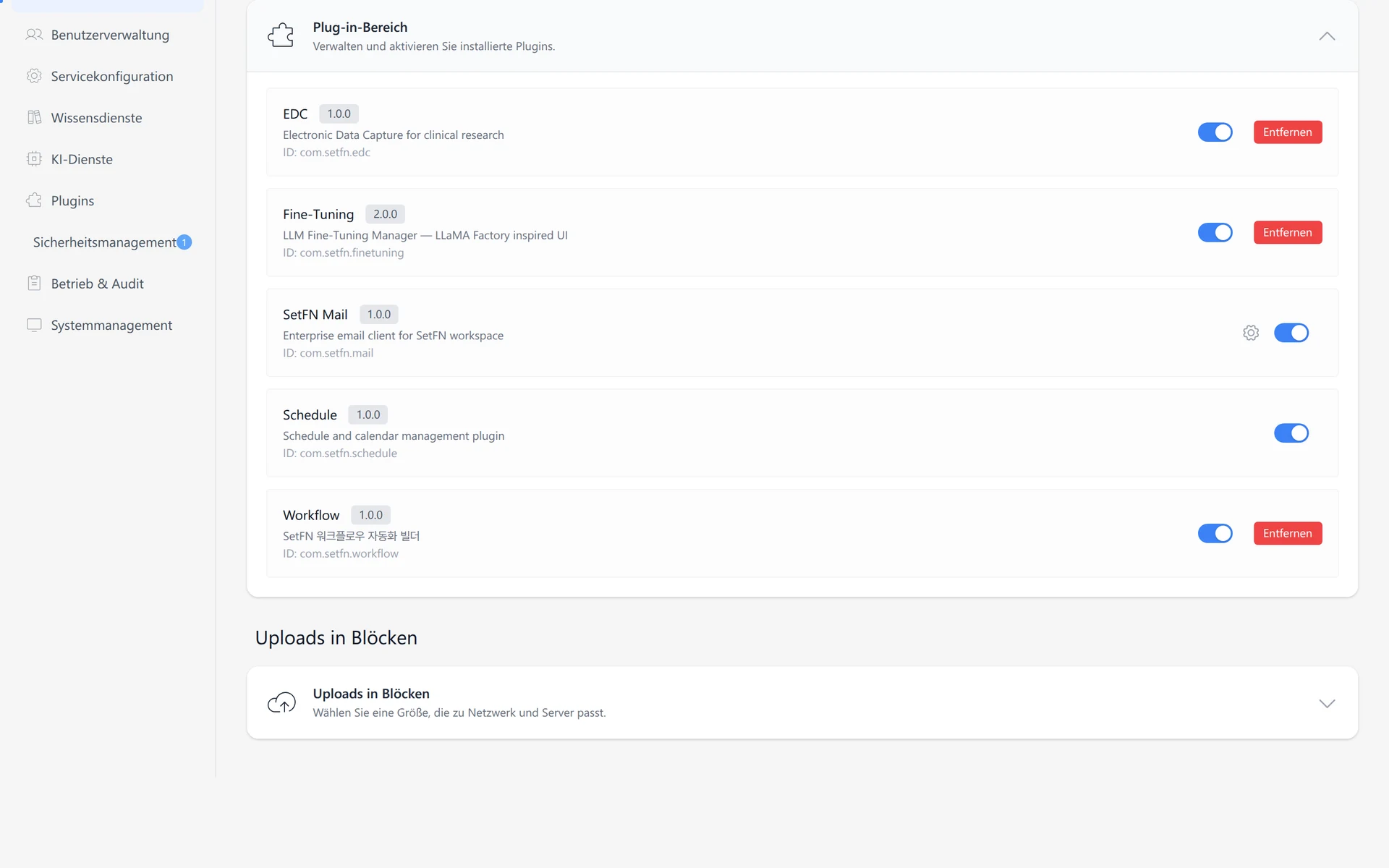 Der SetFN-Plugin-Manager zeigt installierte Plugins, deren Status und Versionen an