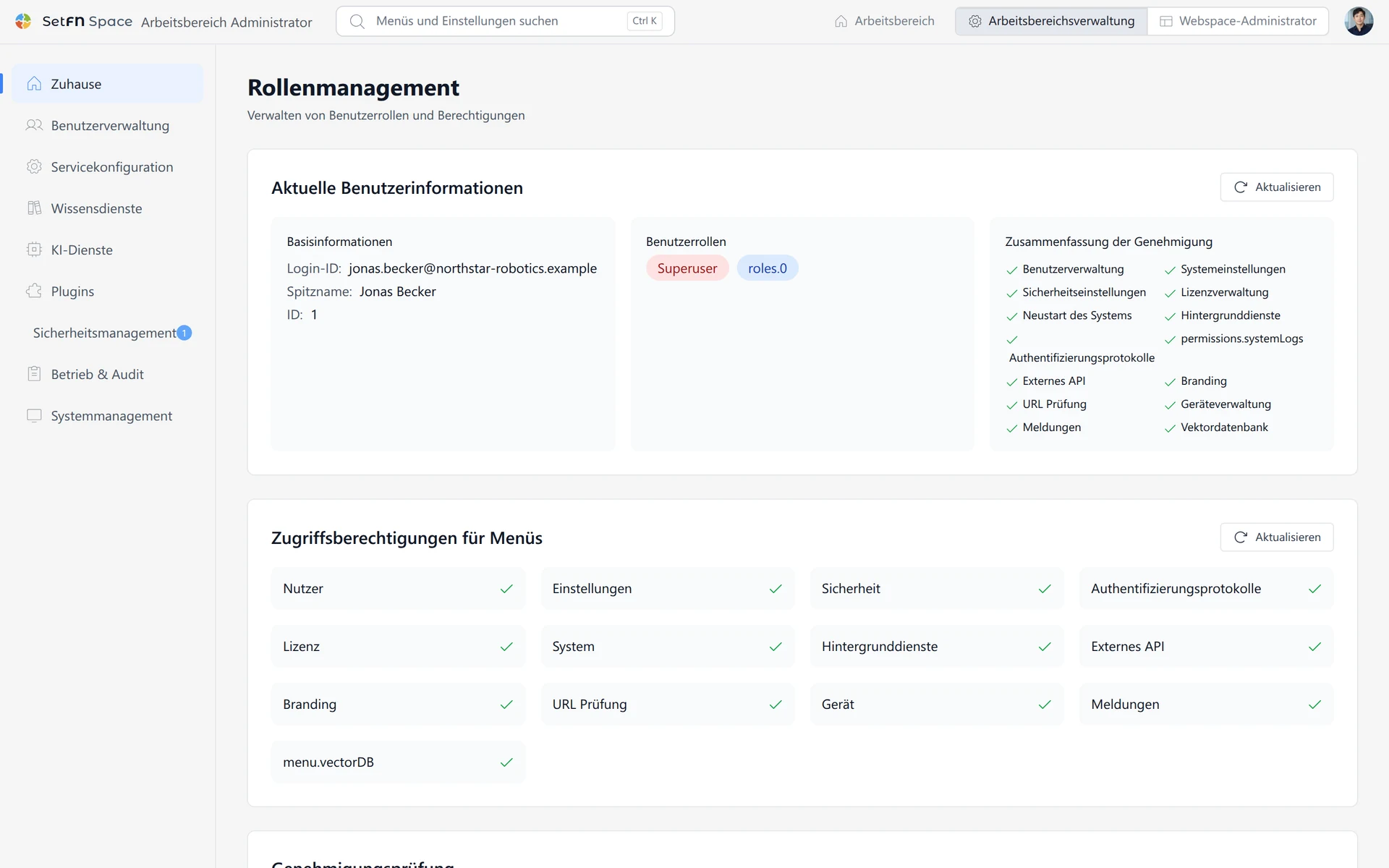 Berechtigungsmatrix, die Menüberechtigungen wie Benutzerverwaltung, Systemeinstellungen, Sicherheitseinstellungen und Authentifizierungsprotokolle nach Rolle vergleicht