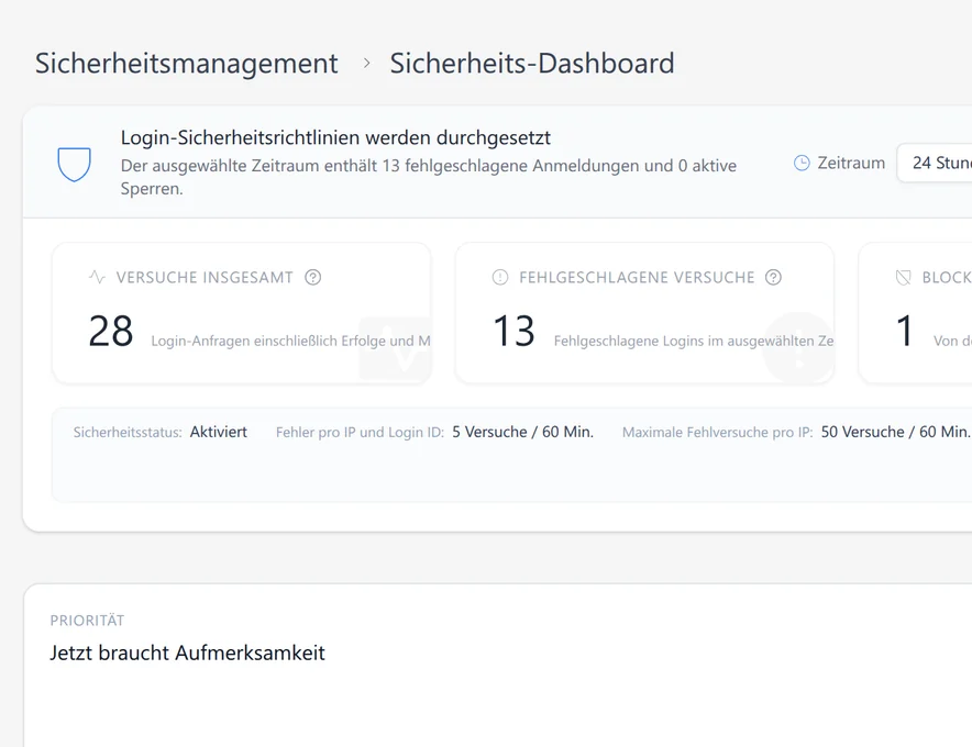 Aktuelles Sicherheits-Dashboard mit Anmeldeversuchen, Fehlern, aktiven Blockierungen, nach User-Agent gruppierten Fehlern und aktuellen Blockierungswarnungen