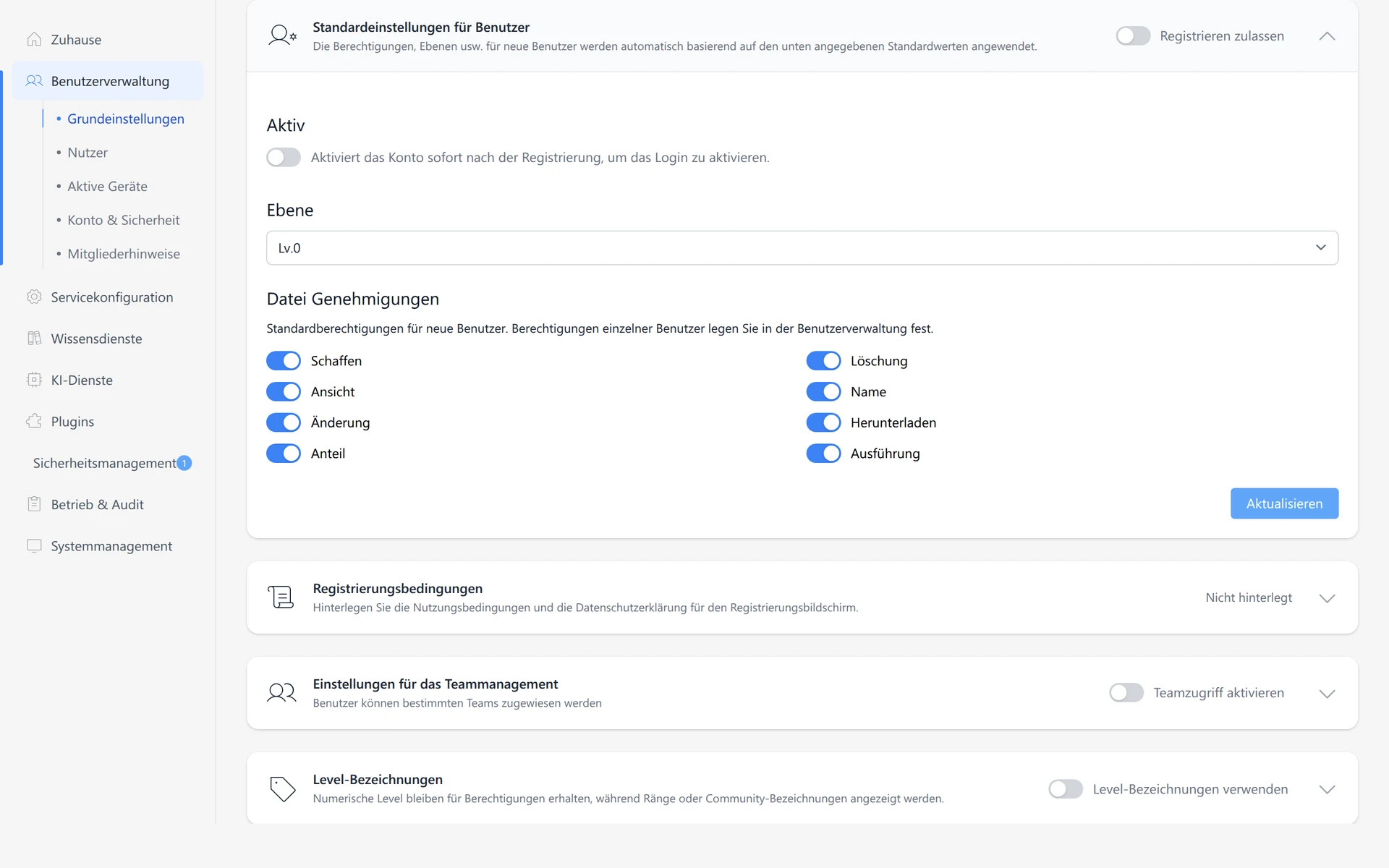 Benutzerverwaltungseinstellungen für Anmeldung, Bedingungen, Teamverwaltung und Levelbezeichnungen