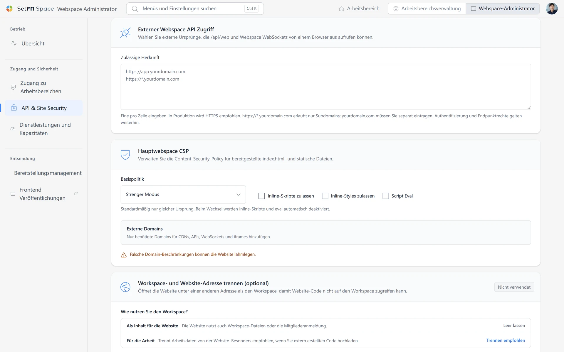 Einstellungen für die externen Ursprünge, die den Aufruf der Webspace-API und WebSockets über einen Browser ermöglichen