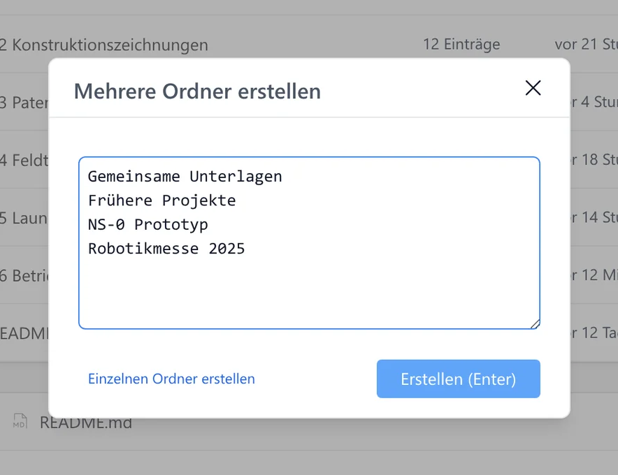 Erstellen Sie mehrere Ordner in SetFN Workspace