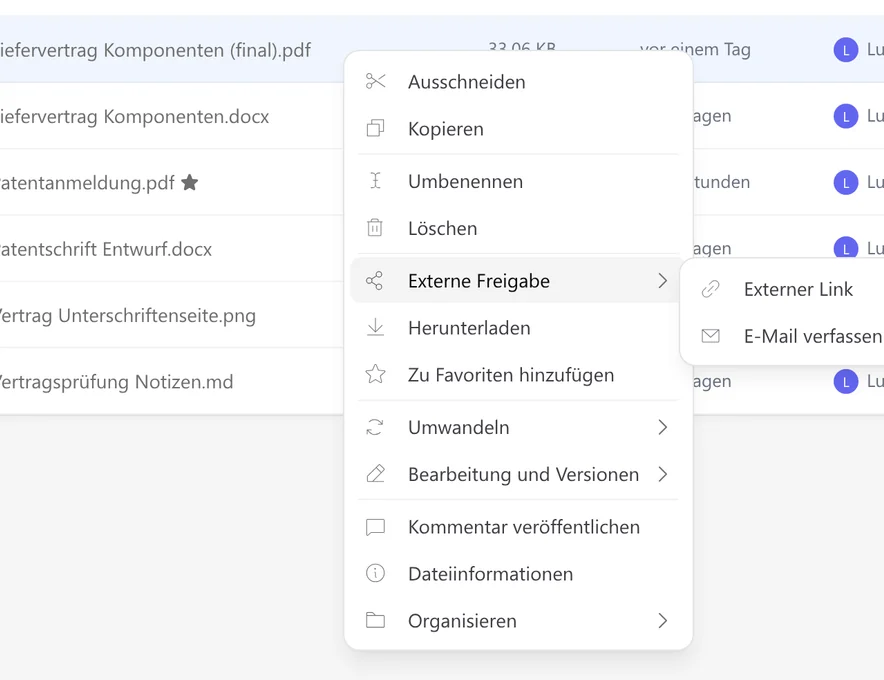 Öffnen von E-Mails und zugehörigen Aktionen über ein Dateimenü